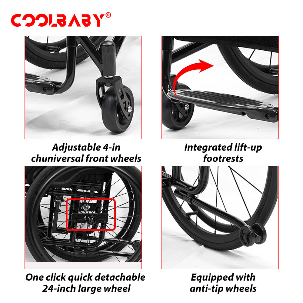 Lightweight Wheelchair Adult Wheelchair Sports Wheelchair All Terrain Aluminium Wheelchair Adjustable footrest, Foldable Suitable for Adults, Seniors(Seat Width 44cm)