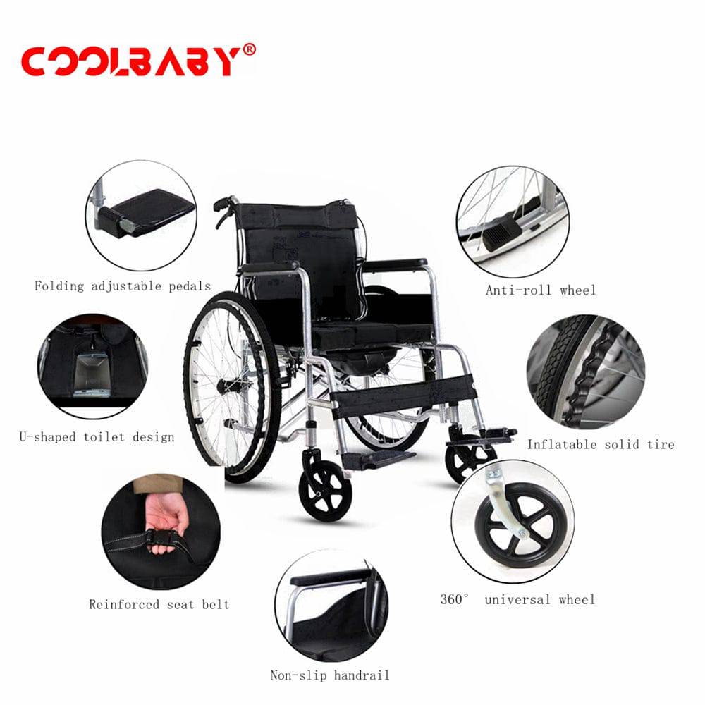 COOLBABY SSZ-LY06: Foldable Lightweight Disabled Wheelchair with Handbrake and Potty - Sturdy Thickened Steel Pipe Design for Elderly Comfort (Black) - COOL BABY