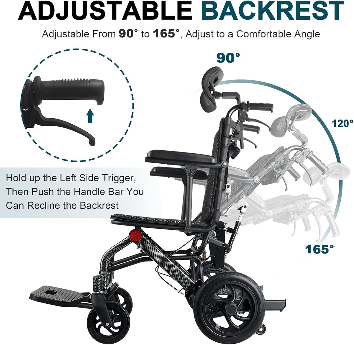 Moficno Ultralight Reclining Aluminum Alloy Wheelchair Folding Transport Wheelchair Suitable for Elderly