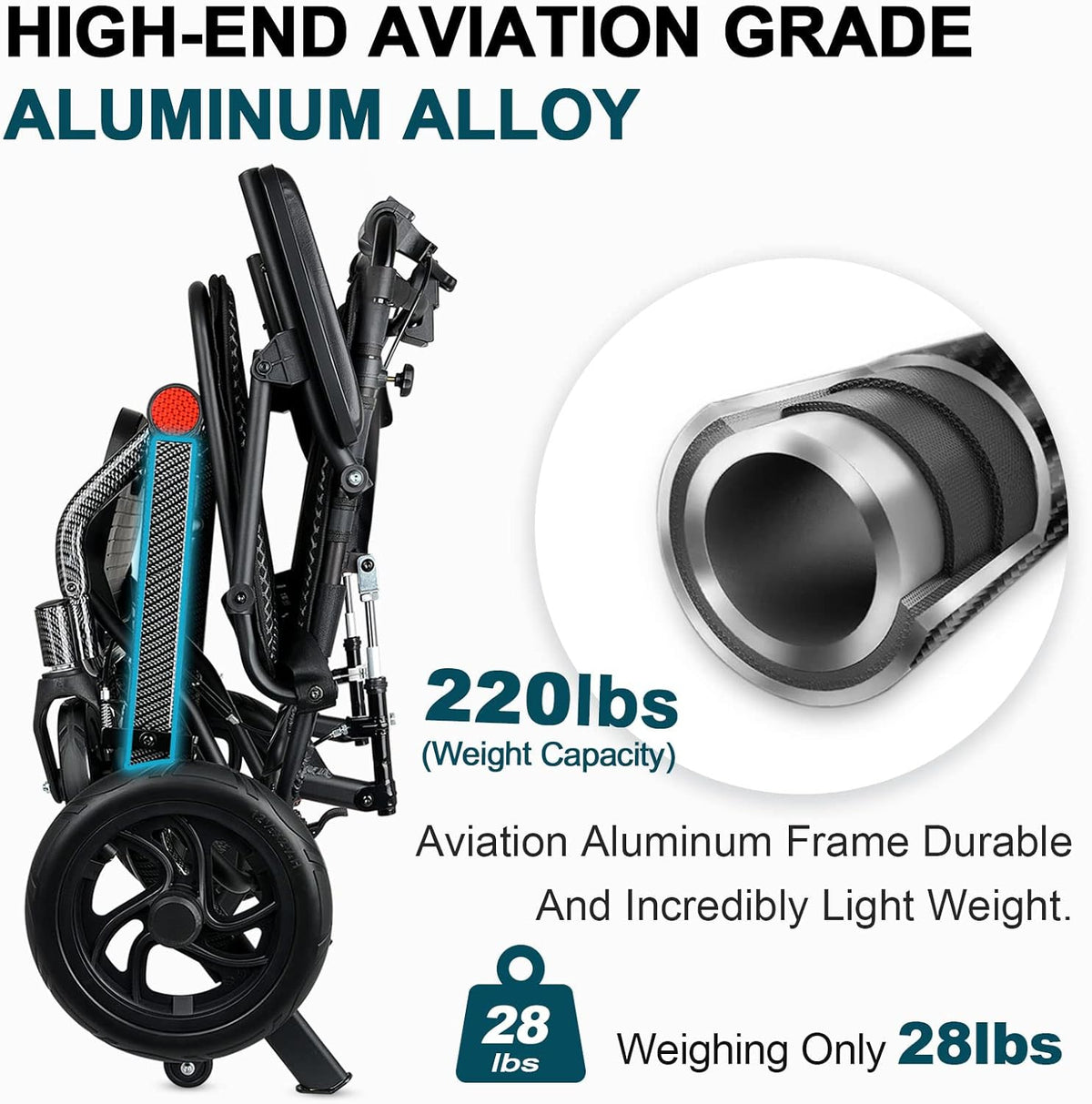 Moficno Ultralight Reclining Aluminum Alloy Wheelchair Folding Transport Wheelchair Suitable for Elderly
