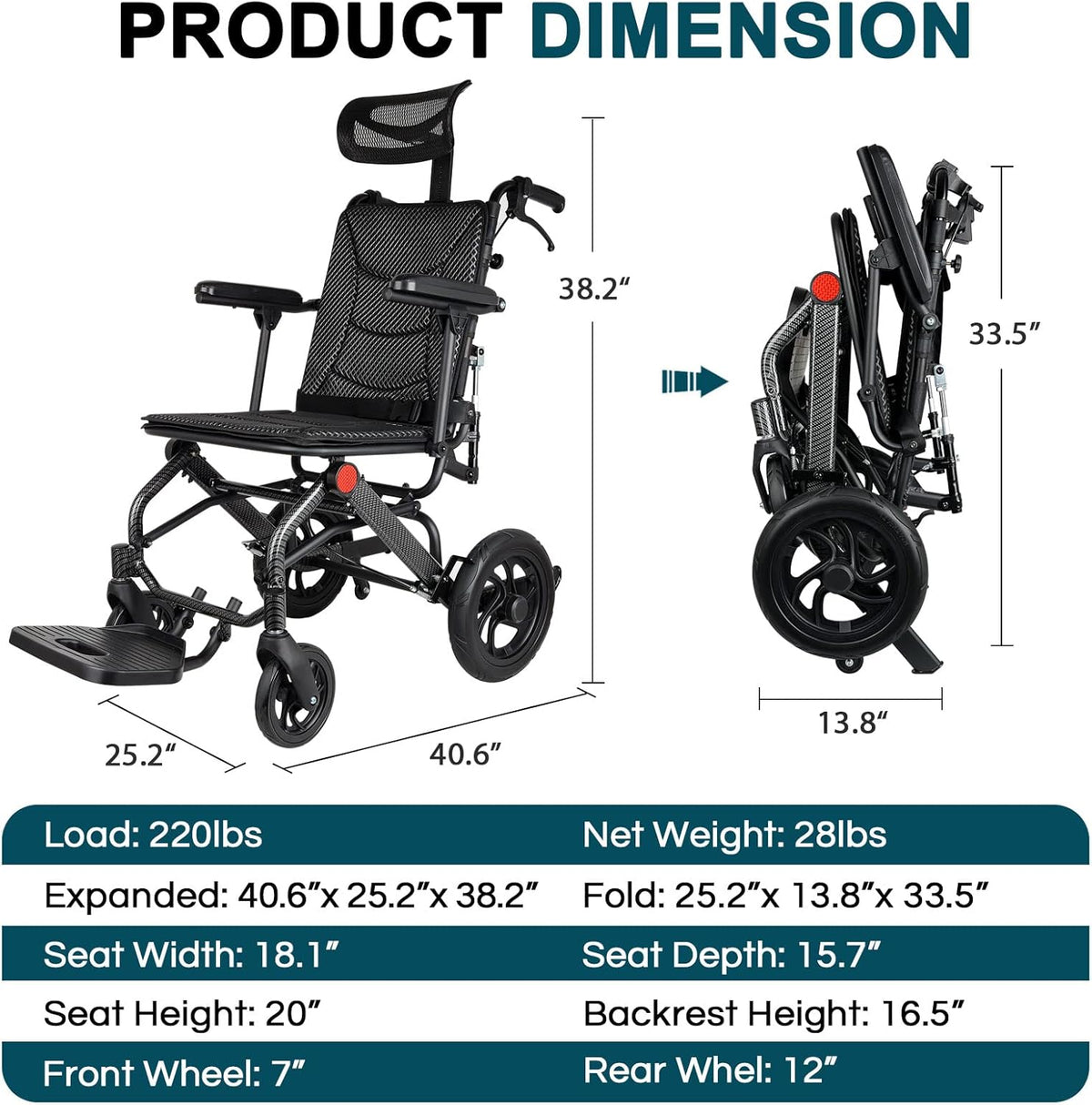 Moficno Ultralight Reclining Aluminum Alloy Wheelchair Folding Transport Wheelchair Suitable for Elderly