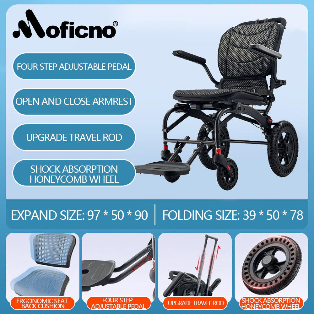 Moficno Ultra Lightly Folding Manual Travel Wheelchair for Disabled and Elderly with Telescopic Handle Could Carry on the Plane