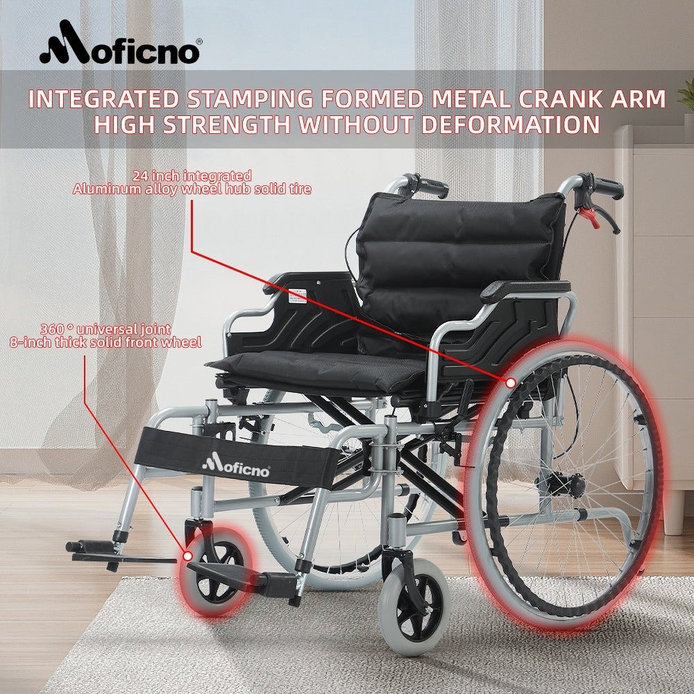 MOFICNO: 56CM Wide Foldable Lightweight Wheelchair for Adult 300lbs Heavy-Duty Folding Transport Self-Propelled Wheel Chair with 24-Inch Seat