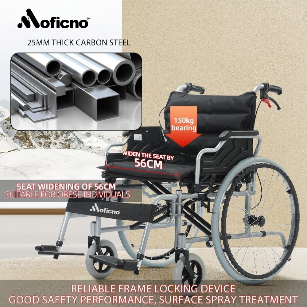 MOFICNO: 56CM Wide Foldable Lightweight Wheelchair for Adult 300lbs Heavy-Duty Folding Transport Self-Propelled Wheel Chair with 24-Inch Seat