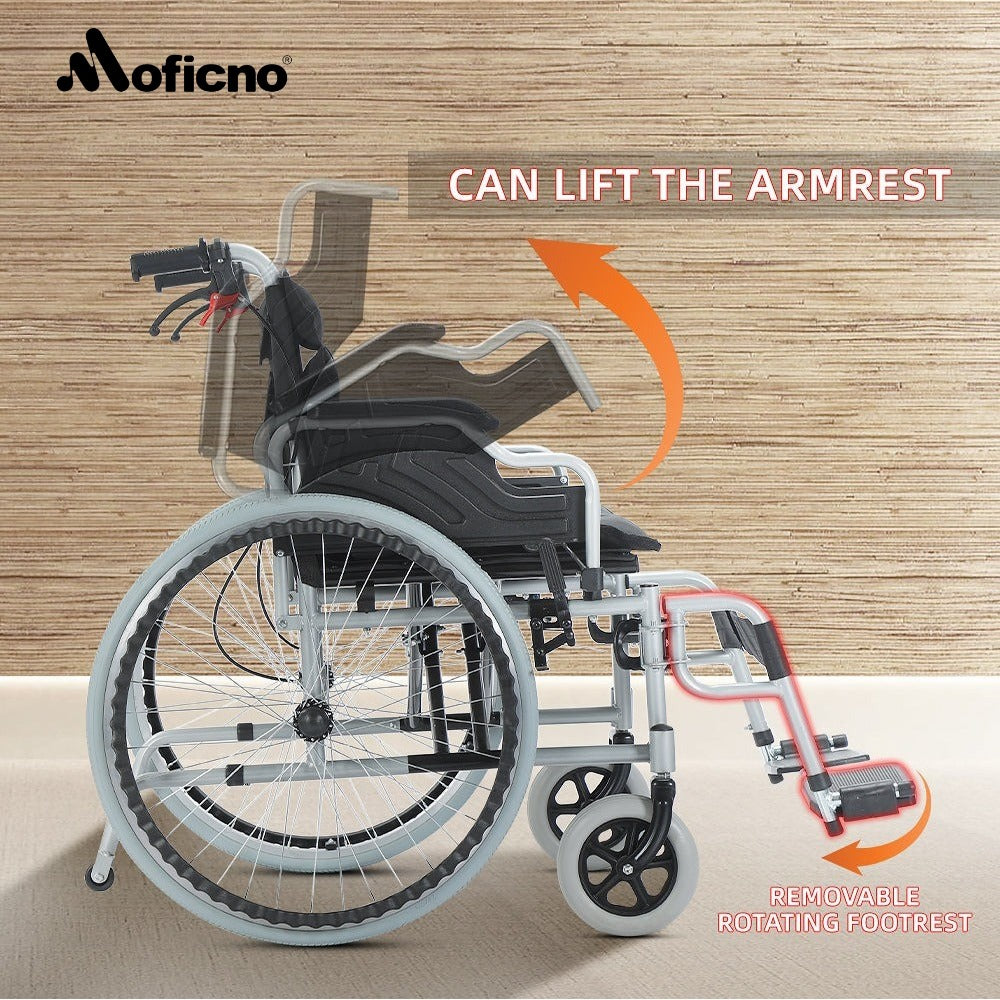 MOFICNO: 56CM Wide Foldable Lightweight Wheelchair for Adult 300lbs Heavy-Duty Folding Transport Self-Propelled Wheel Chair with 24-Inch Seat