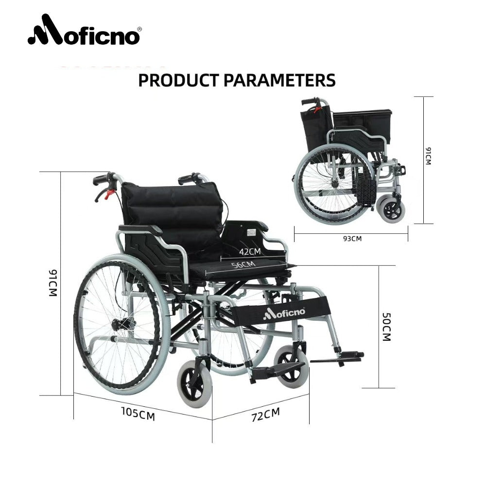 MOFICNO: 56CM Wide Foldable Lightweight Wheelchair for Adult 300lbs Heavy-Duty Folding Transport Self-Propelled Wheel Chair with 24-Inch Seat