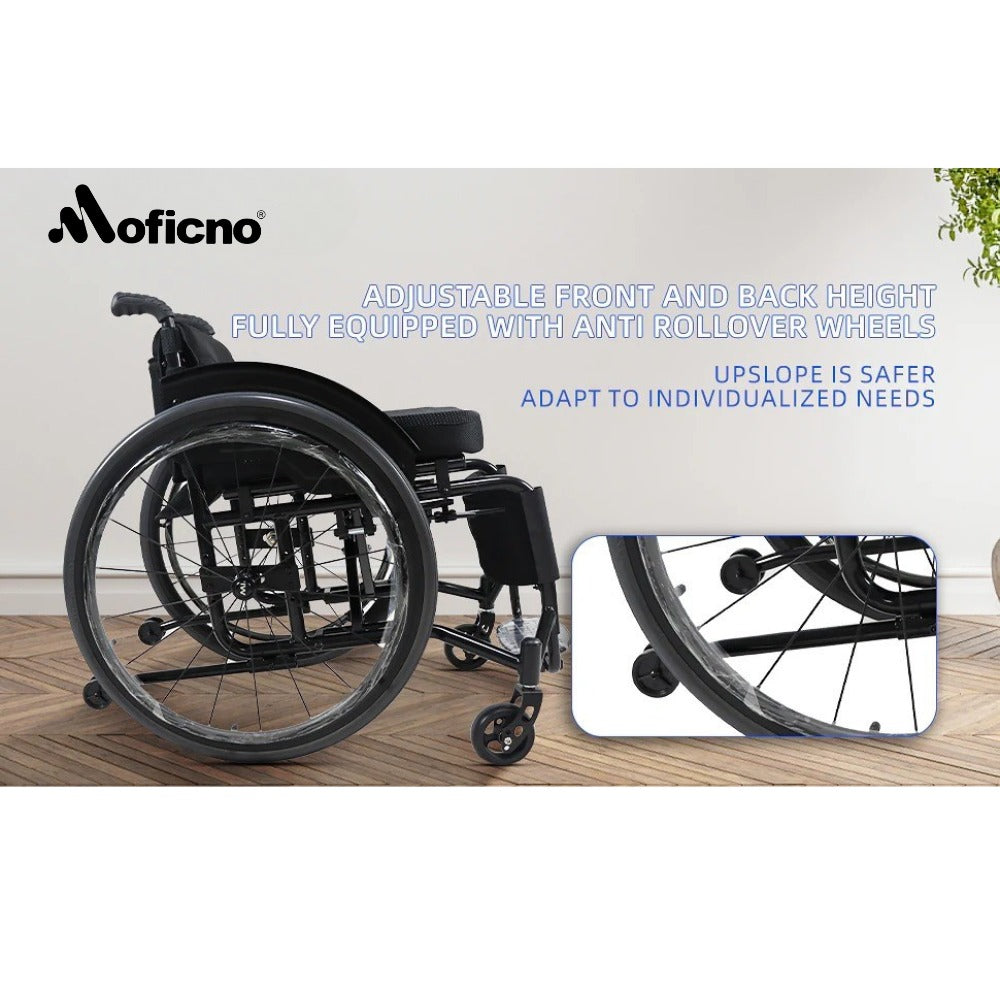 MOFICNO Lightweight Wheelchair Adult Wheelchair Sports Wheelchair All Terrain Aluminium Wheelchair Adjustable footrest, Foldable Suitable for Adults, Seniors(Seat Width 44cm)