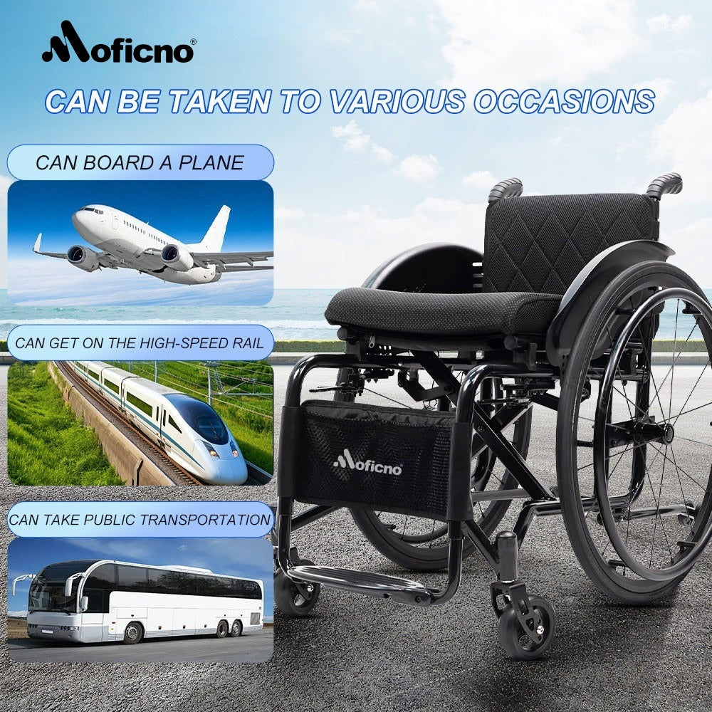 MOFICNO Lightweight Wheelchair Adult Wheelchair Sports Wheelchair All Terrain Aluminium Wheelchair Adjustable footrest, Foldable Suitable for Adults, Seniors(Seat Width 44cm)
