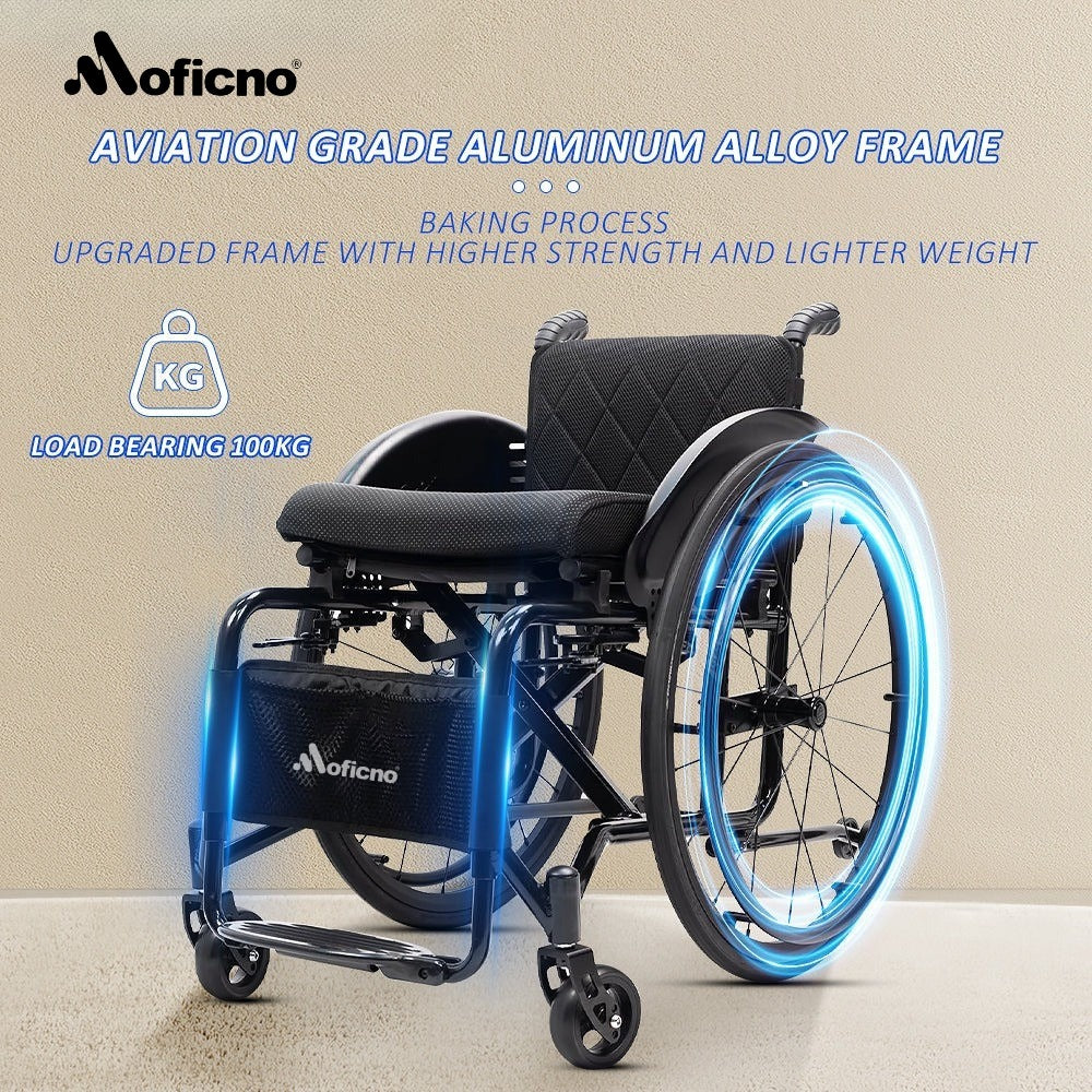MOFICNO Lightweight Wheelchair Adult Wheelchair Sports Wheelchair All Terrain Aluminium Wheelchair Adjustable footrest, Foldable Suitable for Adults, Seniors(Seat Width 44cm)
