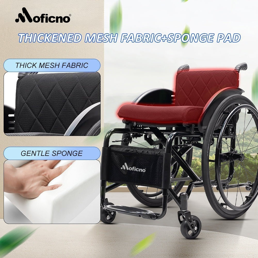 MOFICNO Lightweight Wheelchair Adult Wheelchair Sports Wheelchair All Terrain Aluminium Wheelchair Adjustable footrest, Foldable Suitable for Adults, Seniors(Seat Width 44cm)