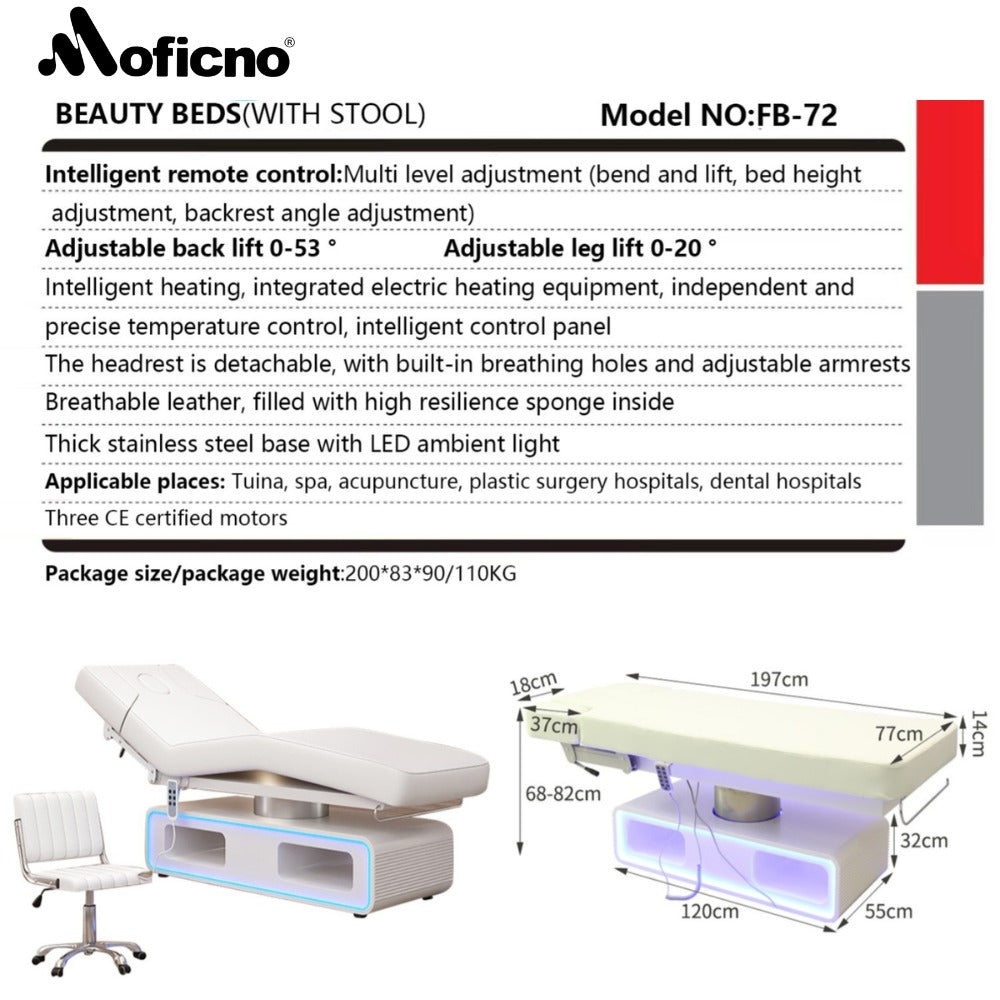 Moficno Beauty salon adjustable medical facial bed 3 motors electric saloon massage table with lamp
